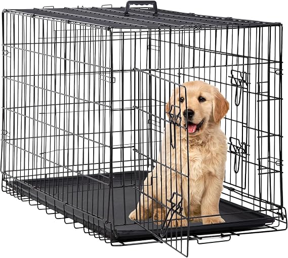 24 Inch Dog Crates,Folding Mental Wire Pet Crates Puppy Cage with Double-Door Divider Panel Removable Tray and Handle,Outdoor and Indoor Pet Dog Cage Crates for Small Dogs Portable Travel Cage, Black