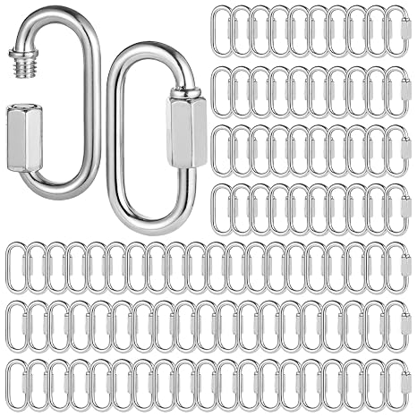 100 Pcs Quick Chain Links, M3.5 Heavy Duty 1/8 Inch D Shape Links, Galvanized Iron Chain Connectors for Safety, Threaded Locking Repair Chain Links for Outdoor Traveling Equipment, 880lbs Capacity