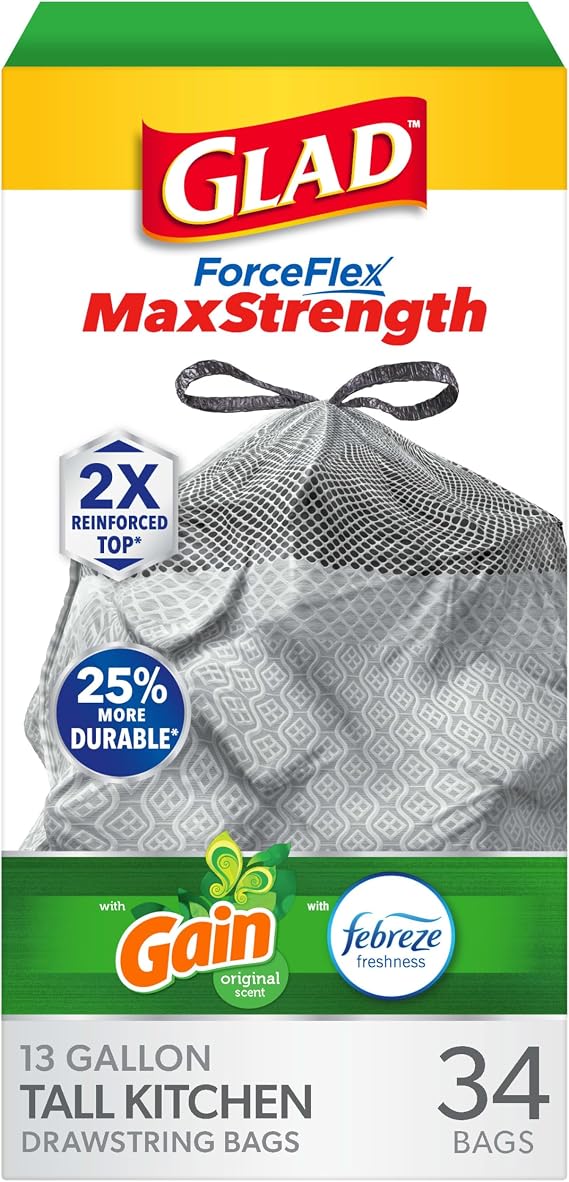 Gain ForceFlex MaxStrength Tall Kitchen Trash Bags, 13 Gal, Gain Original, 34 Ct (Pack May Vary)