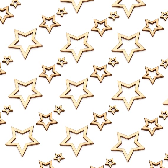 Hollow Wooden Stars for Crafts, Wood Slice Shapes Cutouts Embellishment Pieces Bulk, Laser Cut Unfinished Small Ornaments for Christmas Wedding Party Decoration Crafting Projects (100pcs, Mixed 1-3cm)