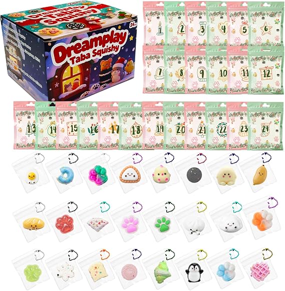 Squishy Advent Calendar 2026-24 Days Christmas Countdown Calendar with 24 Unique Taba Squishies, Individually Wrapped Blind Bags with Chains, Holiday Party Favors Backpack Charms Decor