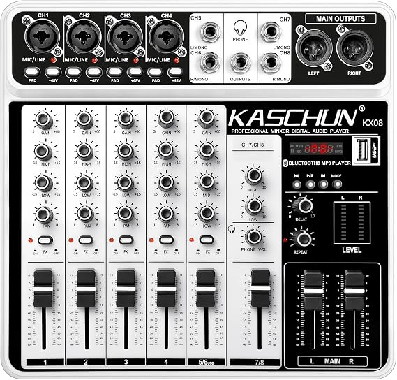 8-Channel Audio Mixer, Bluetooth Sound Board with USB MP3 Input | Compact Mixer Board with 48V Phantom Power, Monitoring, Effects, for Karaoke,