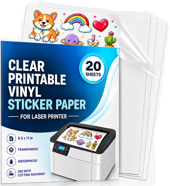 20 Sheets Waterproof Clear Printable Vinyl Stickers ONLY for Laser Printer
