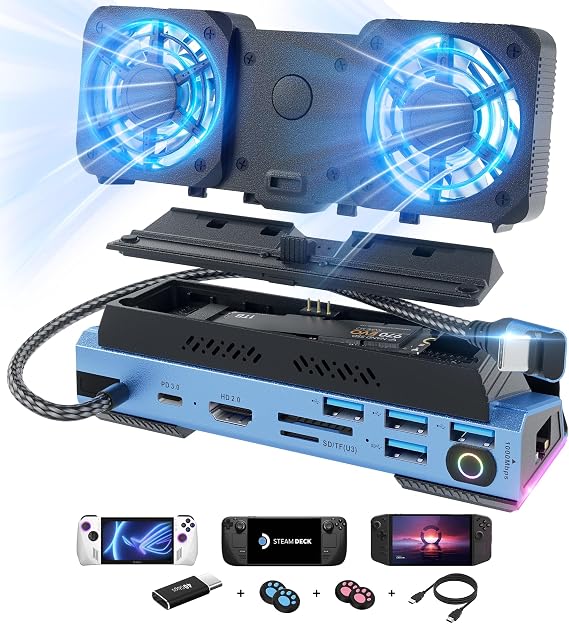 14 in 1 Deck Docking Station Dismantling Cool Fans Steam with M.2 NVMe Enclosure,4K@60Hz,1000Mbs Ethernet,SD/TF,4 USB A,100W PD Charging 40Gbps Adapter for Steam Deck/Rog Ally/Switch/Legion Go