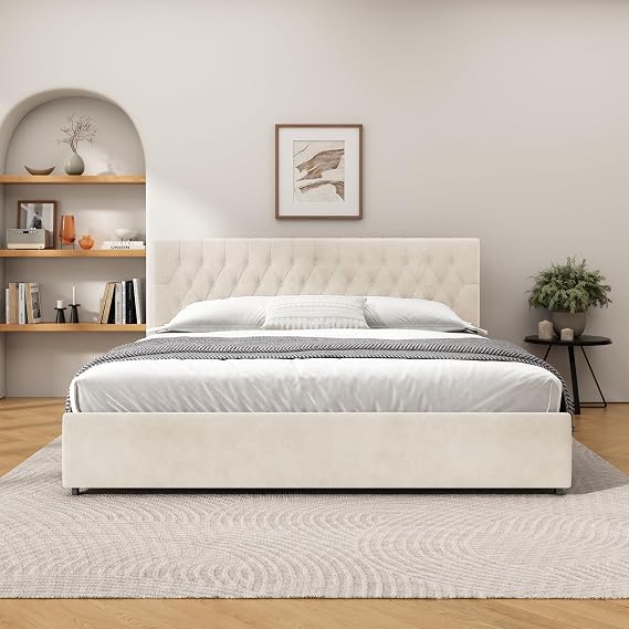 King Size Upholstered Platform Bed Frame with 4 Storage Drawers, Button Tufted Headboard, Linen Fabric, Solid Wood Slat Support, No Box Spring Needed,Easy Assembly,Cream