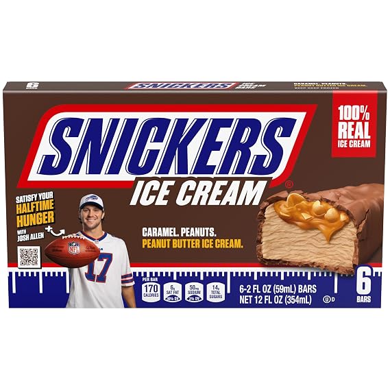 SNICKERS Ice Cream, Chocolate Caramel Peanut Butter Ice Cream Bars Individually Wrapped Dessert, 6 Pack, 2 Oz Bars