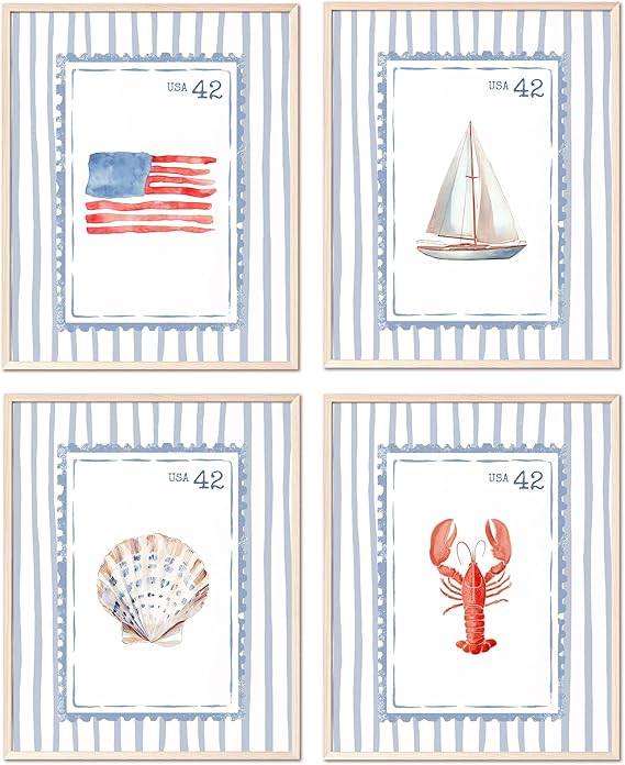 Kaderas Wall Art Posters Set of 4, Blue Nautical Coastal Pictures Artwork for Preppy, Red Lobster, Flag, Sailboat and Shell Art Prints Room Decor, Unframed