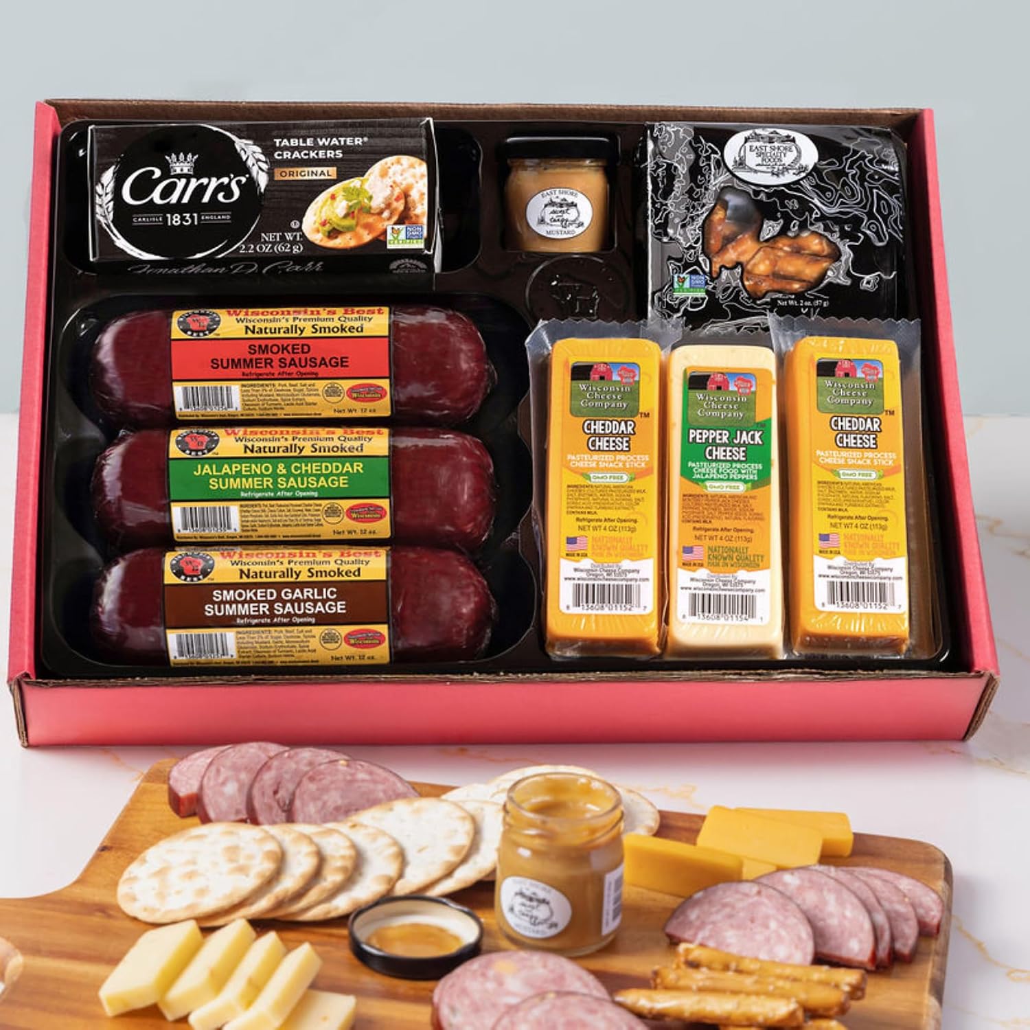 Party Gift Basket - Features Smoked Summer Sausages 100% Wisconsin Cheeses Crackers Pretzels & Mustard | Perfect for Tailgating
