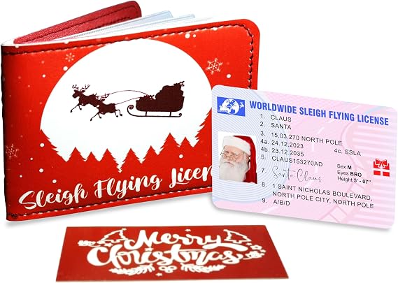 Santa Claus Drivers License ID Card with Wallet | Santa Sleigh Flying License, Christmas Eve Box Fillers Gift for Kids, Xmas Tree Decor Ornament