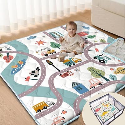 Baby Play Mats for Floor, 50X50 Playpen Mat, Car Playmat Non-Slip Cushioned Crawling Mat Thick Soft Playmats for Babies Toddlers Infants Activity & Tummy Time, Machine Washable Car,50x50