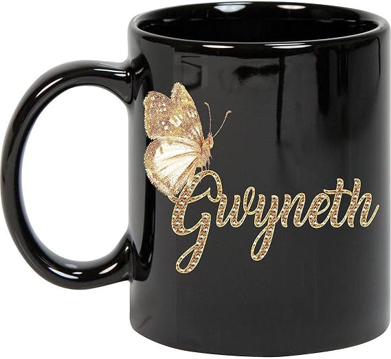 Coffee Mug Personalized Gwyneth Name Customized Mug with Name Gold Butterfly Text Mug Gift for Women, Her, Girl 11oz Black Mug 936030