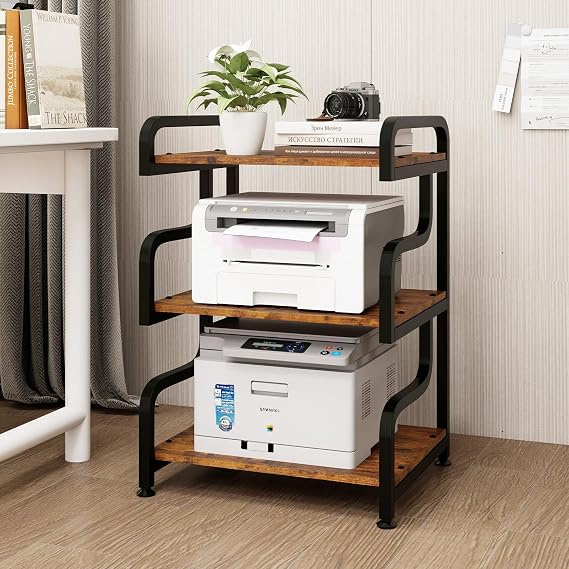 Natwind Stylish 3 Tier Printer Stand, Office Desk Side Storage Shelf,Retro | Rolling Printer Cart with Wheels,Fits Two Printers,Multi-Functional Storage Organizer Stand for Home Office,Living Room