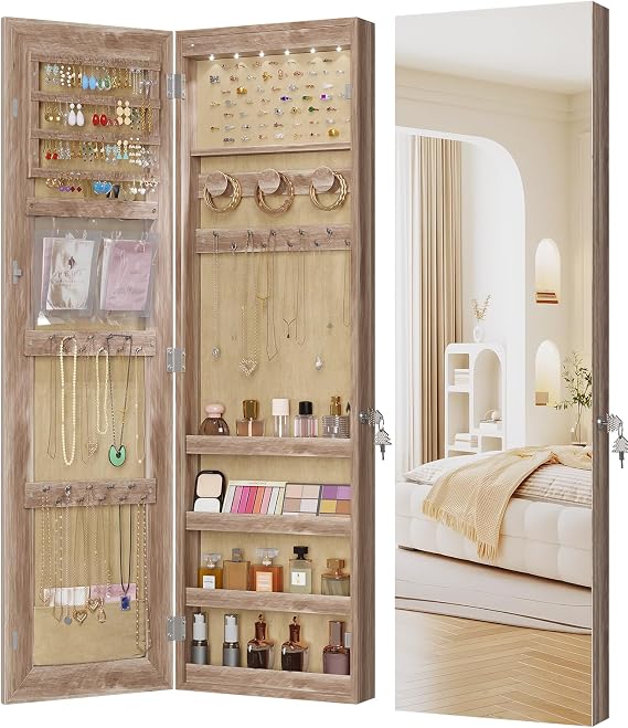 LVSOMT Over The Door Jewelry Organizer, 6 LED Wall Mounted Jewelry Cabinet