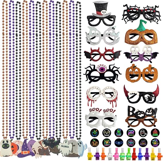 YumSur Halloween Party Favors Set, 36 pcs Necklaces, LED Finger Lights, Costume Glasses with Bats Ghost Pumpkin for Adventure Activities Party(Halloween)