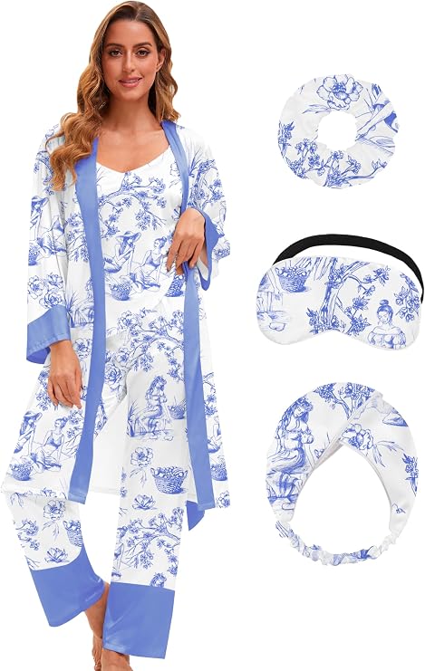 MORFORU Silk Pajamas for Women 3 Piece Satin Pajama Set with Robe Cami Top Pajama Pants Silk Pjs Sleepwear Lounge Set