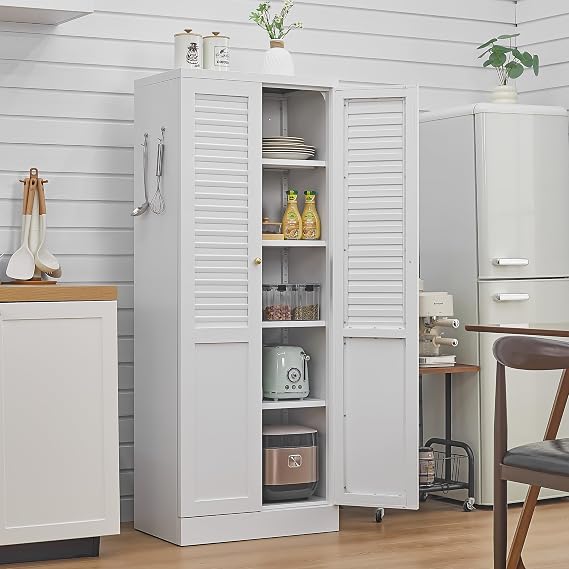 Metal Pantry Cabinet, Freestanding Kitchen Storage Cabinet with Doors and 4 Adjustable Shelves, Narrow Tall Food Pantry for Dining Room, Laundry Room,61-Inch White