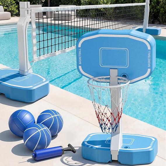 Pool Volleyball Net&Pool Basketball Hoop 2 in 1,Pool Volleyball Net for Inground pools,Pool Basketball Hoop Poolside with Base&Stand,Includes 3 Balls/2 Base/Pump, Summer Outdoor Pool Games for Adults