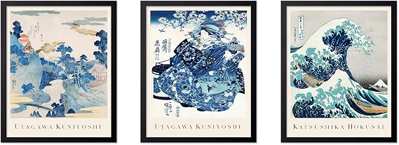 Poster Master 3ピース ヴィンテージ日本ポスター - レトロ和風プリント - 自然の壁アート - 彼、彼女、旅行&自然愛好家へのギフト - 自宅、オフィス、寝室用のシックな装飾、8x10 ブラックフレーム