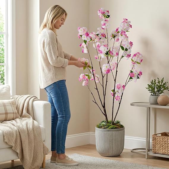 Ttranewsoo Pink Cherry Blossom Tree Artificial 59 Inch, Faux Cherry Blossom Tree, Artificial Cherry Blossom Tree, Cherry Blossom Tree Decor, Indoor Sakura Tree, Living Room, Bedroom, Black Pot