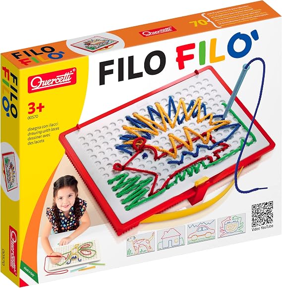 Quercetti Filo Play Set - A Novel Lacing Tool with 18 Pattern Templates to Create Art with String- for Ages 4 and Up (Made in Italy)