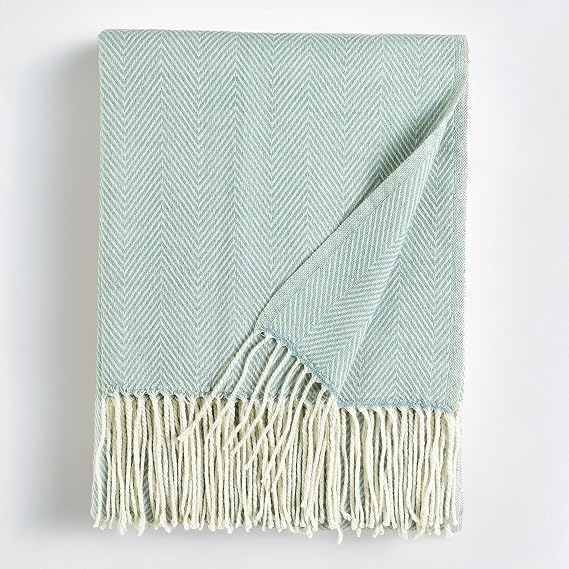 BOURINA Herringbone Faux Cashmere Fringe Throw Blanket Aqua 127 x 152cm