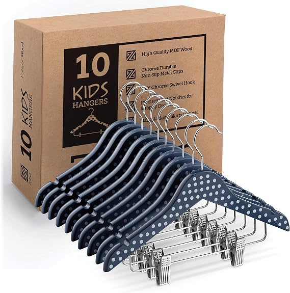 ZOBER High-Grade Wooden Childrens/Kids Hangers with Clips (10 Pack) for Toddler,Dresses, Skirts, Pants, Cute & Charming, Durable Baby Cloths - 12.5 Inch - 360 Hook & Cut Notches