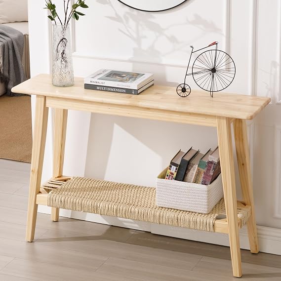 Kmax Entryway Table, Farmhouse Natural Console Table with Rattan Storage Shelf Wood Rustic Narrow Entrance Table 46" Boho Sofa Table for Entry Hallway Living Room - Natural Color