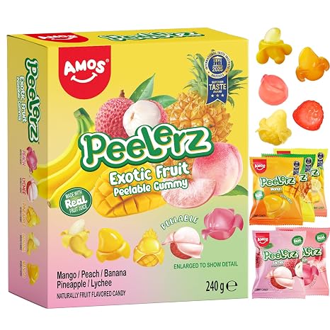 AMOS Peelerz Fruit Gummies Sweets 5 Flavours (Mango & Peach & Banana & Pineapple & Lychee) Christmas Sweets Gift Individually Packed Sweets -240 g
