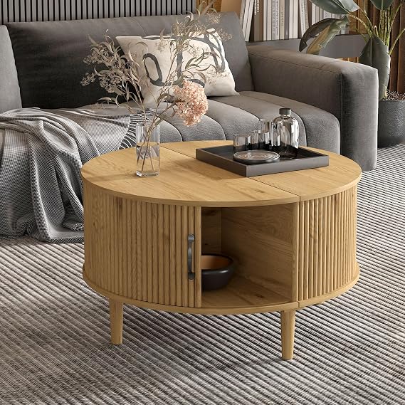 Round Coffee Table with Hidden Storage for Living Room, Light Oak
