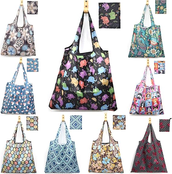 ATAMET 9 Pack Reusable Grocery Bags, Foldable Shopping Bags, Heavy Duty Nylon Bags, Waterproof Ripstop Fabric Tote Bags