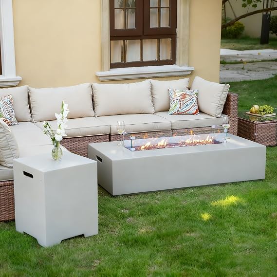 3 Piece Outdoor Fire Pit Propane, 56 Inch Gas Fire Pit w Hidden Propane Tank (50,000 BTU), Light Grey Modern Rectangle Fire Pit w Glass Wind Guard and Lava Rocks for Garden, Pool, Backyard