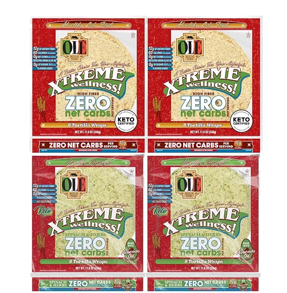 Ole Xtreme Wellness ZERO Net Carbs High Fiber & Spinach Herb Tortilla Wrap Variety Pack, 8 in., 8 ct. per pack (32 Tortilla Wraps) Low Carb Keto Friendly Tortillas