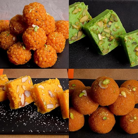 Mixed Indian Sweets Gift Box | Boondi Ladoo, Pistachio Barfi, Coconut Barfi & Motichur Ladoo – Pack of 4 piece (1 Each) | Traditional Mithai (Pack of 2)