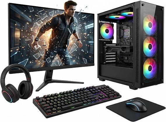 Pro Gaming PC Bundle: Core i7, NVIDIA RTX 3050 6GB, 16GB RAM, 256GB SSD + 1TB HDD | Complete Plug & Play Rig with 22" Monitor & RGB Lighting