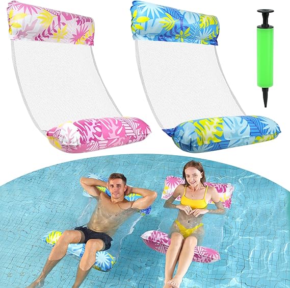 2 Pack Inflatable Pool Floats, 4 IN 1 Inflatable Pool Chair (Blue, Pink)
