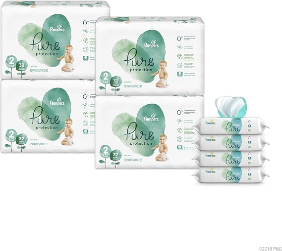 Pampers Pure Disposable Baby Diapers, Hypoallergenic and Fragrance Free Protection Size 2, 128 Ct. with Aqua Pure 4X Pop-Top Sensitive Water Baby Wipes, 224 Ct.