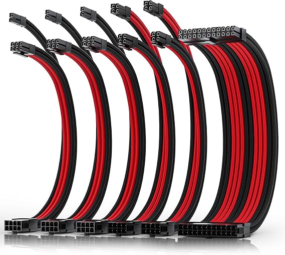 AsiaHorse Update 16AWG Sleeved Cable Kit for PC/GPU/CPU PSU Cable Extension PC Power Supply Extensions Cable with Cable Combs 24PIN/(6+2) PIN/(4+4) Pin Cable Management 30 cm Red + Black