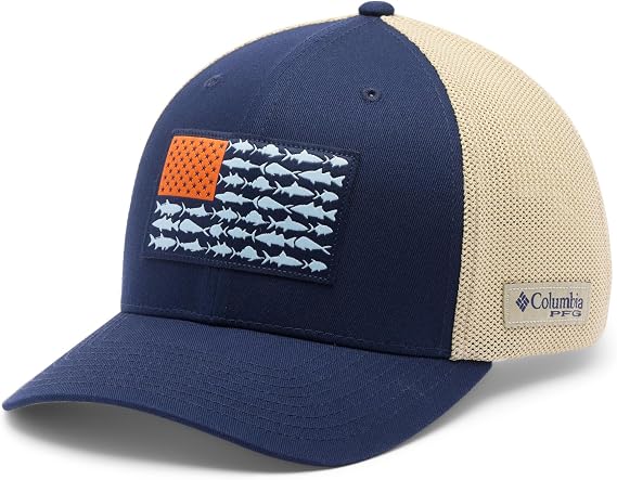 Columbia Unisex PFG Fish Flag Mesh Ball Cap, Collegiate Navy/Fish Flag, S/M