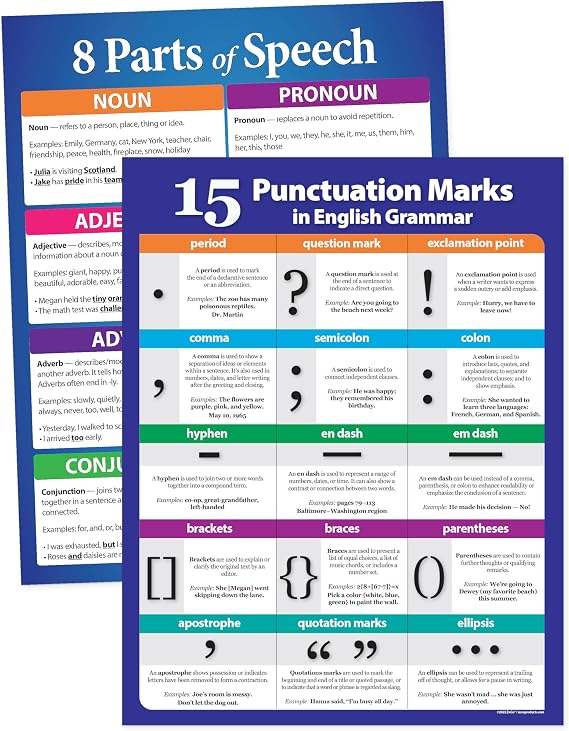 ZOCO - 8 Parts of Speech & Punctuation Marks Posters - Laminated 17x22 English Grammar Charts for Classroom, ESL & Homeschool