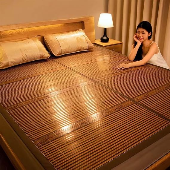 Foldable Summer Sleeping Mat,Double-Sided Bamboo Cooling Mattress Topper,Smooth Breathable Bed Mat Ice Silk Floor Mat for Single Double Bed Bedroom(90x190cm(35x75inch), A)