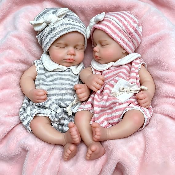 Pinky Reborn Full Solid Silicone Baby Doll Twins Girls 12 Inch Mini Reborn Baby Dolls Silicone Full Body Realistic Preemie Babies Twins Dolls Real Life Newborn Baby Doll for Kids
