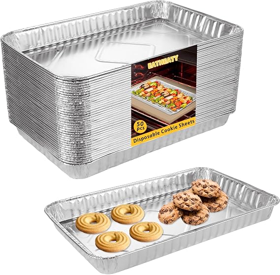 50 Pack Aluminum Pans, 12.7 x 8 in, Disposable Cookie Sheets Baking Pans