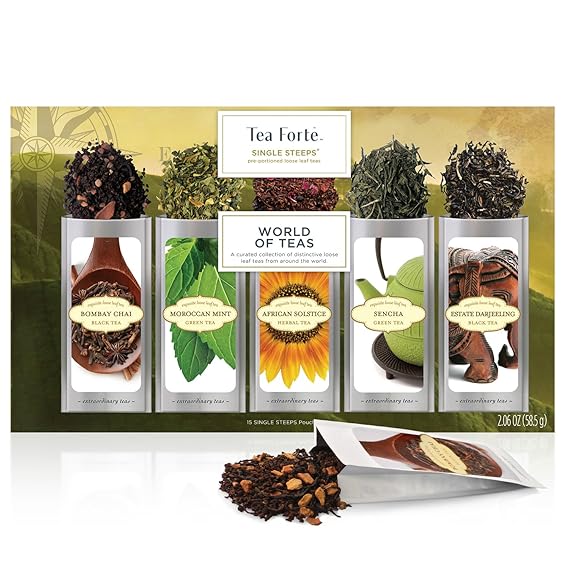 Tea Forte Single Steeps Tea Sampler, World of Teas, 15 Pouches | 15 Single Serve Loose Leaf Bags - Premium Handcrafted Tea Blends - Giftable Presentation Box