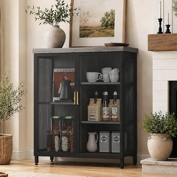 Small Coffee Bar Cabinet with Storage, 29.5" Bar Cabinet with Adjustable Shelves & Wire Mesh Doors, Liquor Cabinet for Kitchen Dining Room, Gray