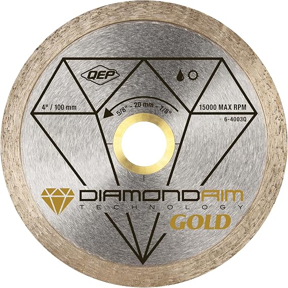 QEP 6-4003Q 4" Diameter Premium Continuous Rim Diamond Blade For Wet or Dry Cutting Porcelain & Ceramic Tile, 7/8" Arbor, 9500 Maximum Rpm
