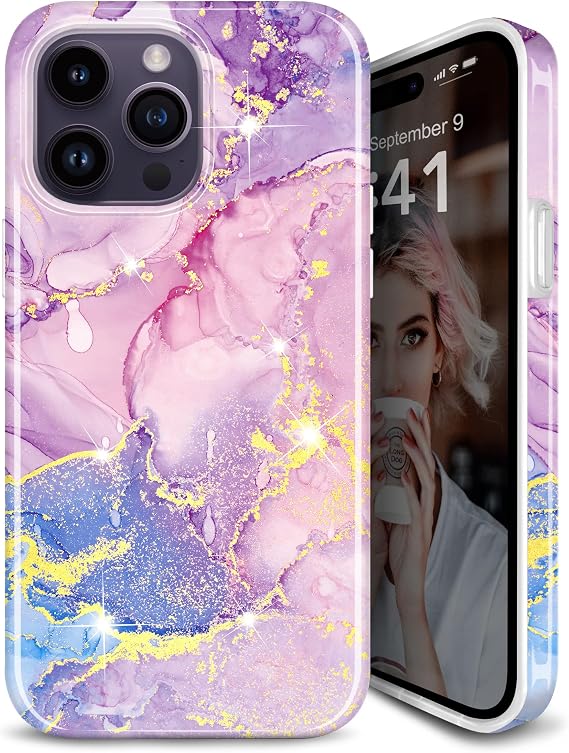 Designed for iPhone 14 Pro Case Gold Sparkle Glitter Marble Slim Shockproof Protective TPU Soft Rubber Silicone Cover Phone Case 6.1 inch Purple Pink