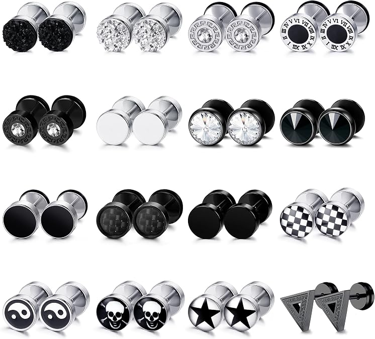 FIBO STEEL 16 Pairs Fake Gauge Earrings for Men Women Stainless Steel Stud Earrings Cheater Fake Ear Plugs Faux Gauges Earrings Ear Tunnel