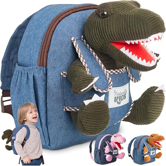 Naturally KIDS Toddler Backpack w. Plush Green Dinosaur Toy, Kids Gift 2-5