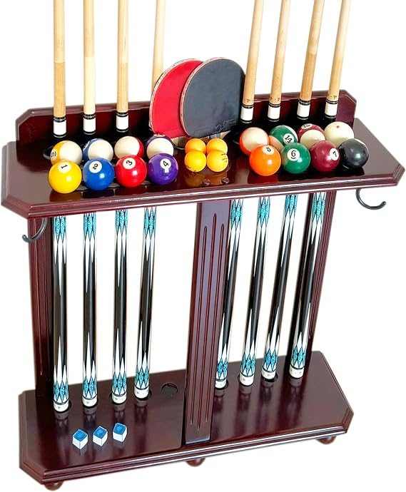 Wooden Billiard Cue Rack Hold up to 10 Pool Cue Sticks, Pool Cue Stick Holder, Floor Stand Pool Cue Holder for Billiard Game Room (Dark Mahogany)