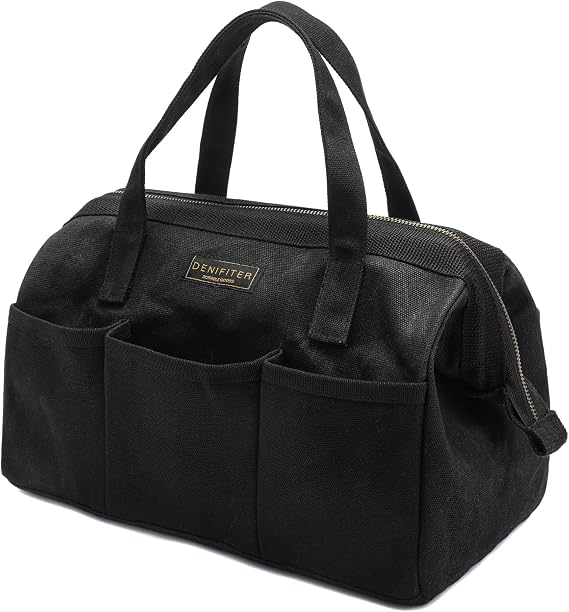 Tool Bag with Zipper, Heavy Duty 16oz Waxed Canvas Wide Mouth Tool Tote Bag, 13-inch Muti-Purpose Storage Tool Pouch with Side Pockets